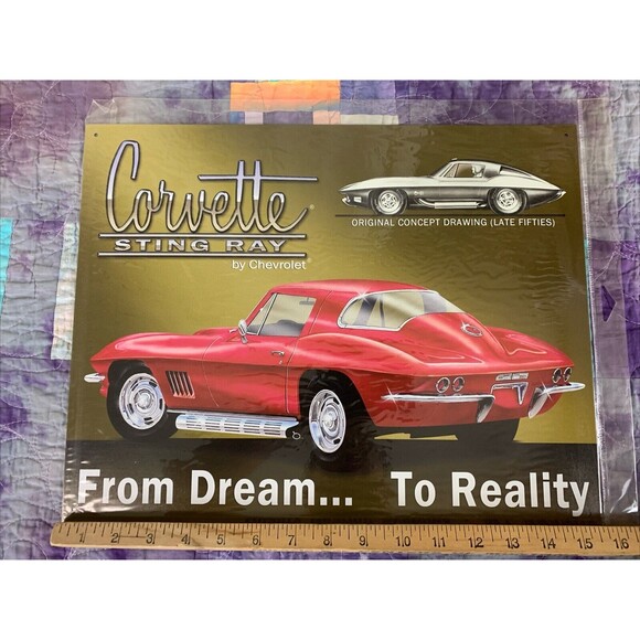 Corvette Sting Ray By Chevrolet Metal 16x12.5 Sign Wall Decor Bar Man Cave Shop - Picture 2 of 3